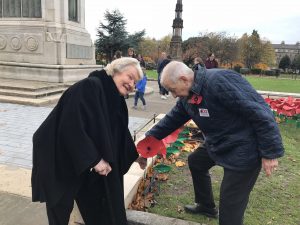 Dame Patricia Routledge & MP Frank Field placing poppies at Birkenhead Cenotaph in 2018