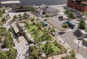 Artist impression of landscaping and trams at Woodside Ferry Terminus